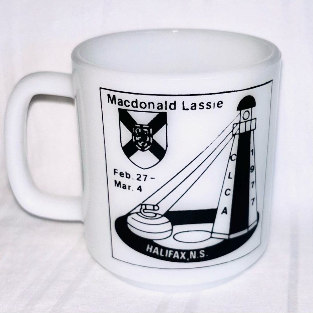 Vintage Milk Glass Mug Macdonald Lassie 1977 Curling CLCA Nova Scotia Alberta